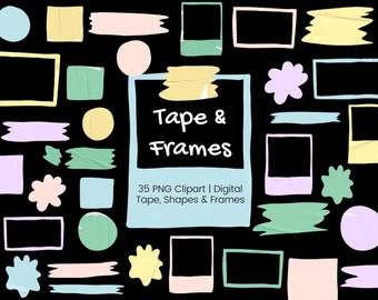 Clipart di nastro adesivo Washi in carta e cornice, clipart adesivo pianificatore digitale, clipart di carta pastello, nastro adesivo PNG Washi, album di ritagli, uso commerciale