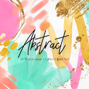 Imágenes prediseñadas de acuarela abstracta, pinceladas PNG transparentes de acuarela moderna rosa, verde, amarillo, formas de brillo dorado, uso comercial