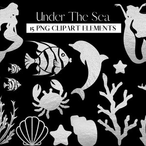 Peut inclure: Un ensemble de 15 éléments clipart PNG de couleur argentée sur le thème de la mer. Les éléments comprennent une sirène, un poisson, un crabe, une étoile de mer, des algues et du corail.