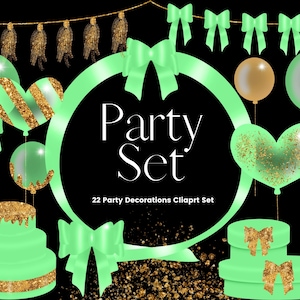 Green and Gold Glitter Party Clipart Set, Green Balloon Clipart, Party Decorations, Invitation Graphics, Birthday Cake Clipart
