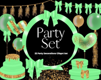 Green and Gold Glitter Party Clipart Set, Green Balloon Clipart, Party Decorations, Invitation Graphics, Birthday Cake Clipart