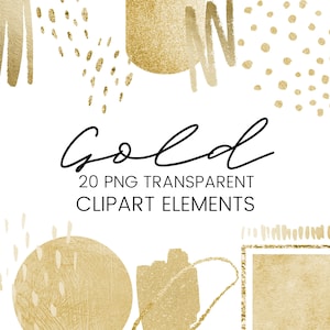 May include: A set of 20 gold clipart elements, including abstract shapes, dots, and a frame. The elements are transparent PNG files, ideal for adding a touch of gold to your designs.