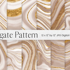 以下が含まれることがあります： 茶色と白のグラデーションでアゲート模様が描かれたデジタルペーパーのデザインが6種類セットになっています。各デザインは金色に輝くグリッターで装飾されており、サイズは12インチ×12インチです。