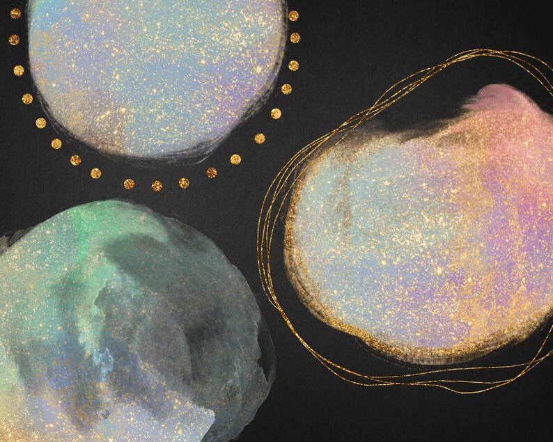 May include: Abstract watercolor painting with three circular shapes on a black background. The shapes are filled with iridescent colors and glitter, creating a celestial or galaxy-like effect. The shapes are outlined with gold glitter.