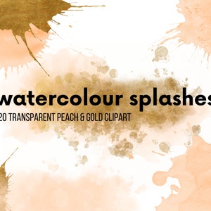 20 Peach and Gold Foil Watercolor Splashes Clipart, Orange Watercolour spot and splatter brush strokes, wedding, birthday Commercial Use PNG