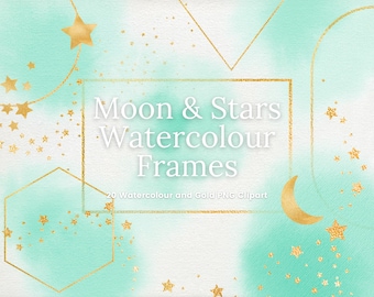 Imágenes prediseñadas de acuarela verde y marco dorado, luna dorada, imágenes prediseñadas de borde de estrella, superposiciones de marco cuadrado PNG transparente celestial, uso comercial