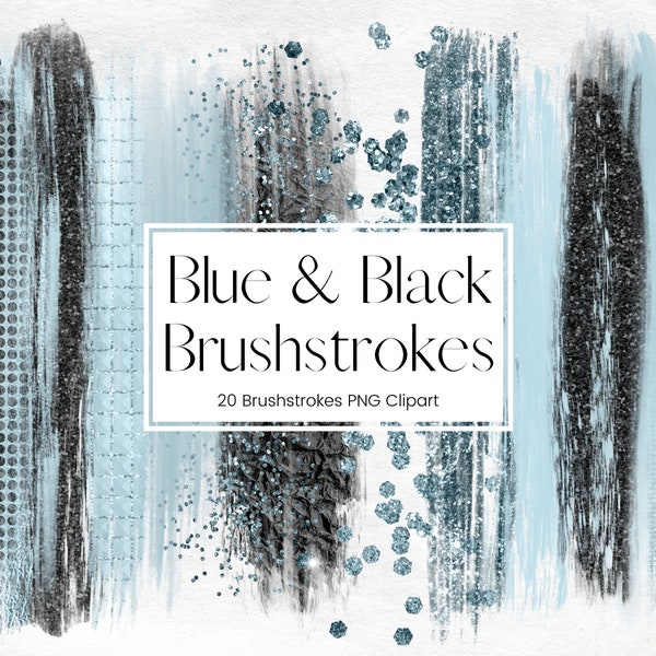 Blue and Black Glitter and Foil Brushstroke Clipart, Sparkling Brush Stroke Paint Clipart, Transparent PNG Metal Glitter Paint, Commercial