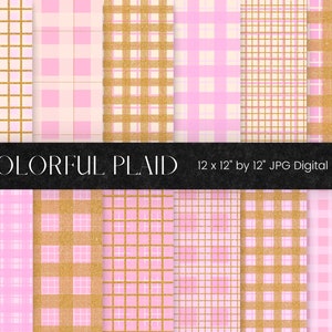 Colourful Plaid Digital Paper, Pink Tartan Pattern, Gold Glitter Plaid Background, Holiday Printable Digital Scrapbooking