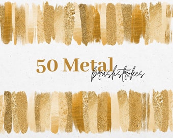 50 Gold Metal and Glitter Brush Stroke Clipart, Gold Glitter Clip Art PNG , Foil Metal Texture Brushstrokes, Digital Paint, Commercial Use
