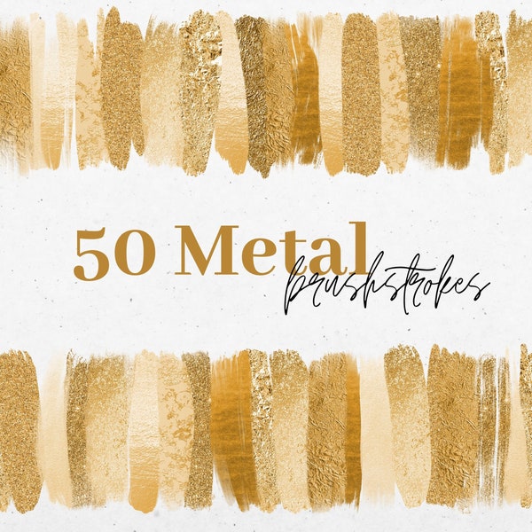 50 Gold Metal and Glitter Brush Stroke Clipart, Gold Glitter Clip Art PNG , Foil Metal Texture Brushstrokes, Digital Paint, Commercial Use