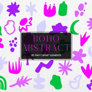 Abstract Boho Clipart, Bohemian Clipart Shapes, Modern Boho Collage, Digital Clip Art Abstract Shapes, Purple Green PNG Boho Shapes