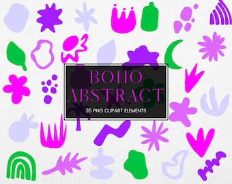 Abstract Boho Clipart, Bohemian Clipart Shapes, Modern Boho Collage, Digital Clip Art Abstract Shapes, Purple Green PNG Boho Shapes