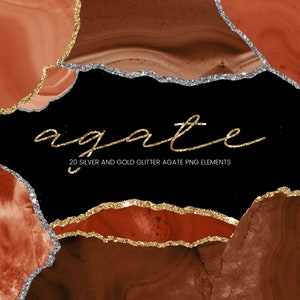 May include: Agate digital clipart with 20 silver and gold glitter agate PNG elements. The agate is a brown and red colour with a silver and gold glitter edge.