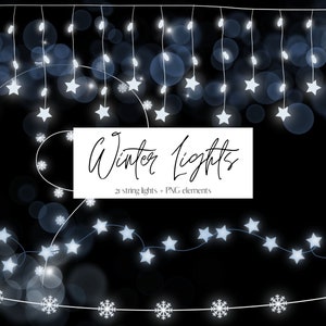 Blaue Winter Lichterkette Clipart, Glühen Lichterkette Clip Art, hängende Sterne und Schneeflocke Weihnachtsbeleuchtung, Girlande Clipart, kommerzielle Nutzung