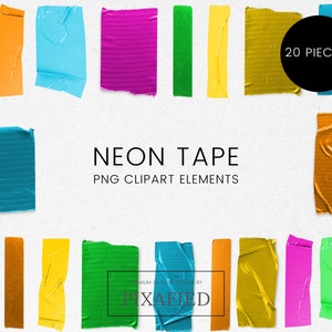 20 Neon Fluro Washi Tape Clip Art, Pink Blue Digital Washi Tape Clipart, Wedding Invitation Scrapbook Tape Clipart, PNG, Commercial Use