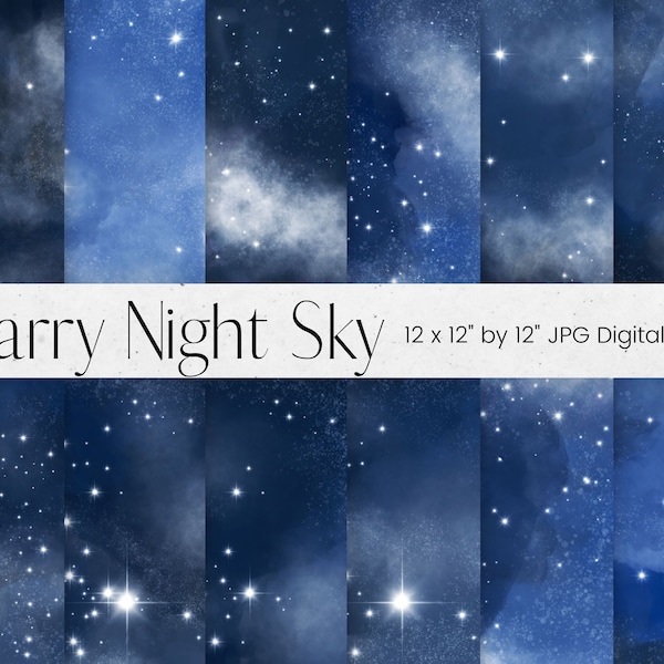 Starry Night Digital Paper, Blue Watercolour Texture, Night Sky Texture Background, Galaxy Scrapbook Paper, Commercial Use