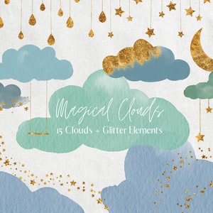 Blue and Green Watercolour Clouds Clipart, Glitter Stars, Moon, Fluffy Cloud Clip Art, Pastel Clouds, Weather Clipart, Commercial Use