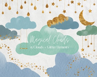 Blue and Green Watercolour Clouds Clipart, Glitter Stars, Moon, Fluffy Cloud Clip Art, Pastel Clouds, Weather Clipart, Commercial Use