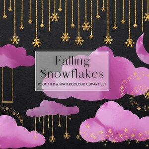 Aquarell Wolken und Glitzer Schneeflocke Clipart, Gold Glitter fallende Schneeflocken, rosa Aquarell Wolken, PNG Winter Schnee Urlaub Clip Art