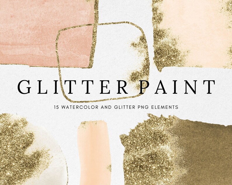 May include: Abstract digital art featuring watercolor and glitter elements. The design includes peach and gold accents with the text "GLITTER PAINT" and "15 WATERCOLOR AND GLITTER PNG ELEMENTS".