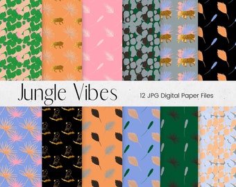 Jungle Animal and Tropical Leaves Digital Papers, Pink, Green and Orange, Paper Pattern, Animal Print Scrapbook Paper Background Textures