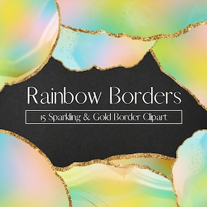 Rainbow Borders Clipart, Glitter PNG Frames, Gold Glitter Border Overlay, Pink Blue transparent PNG, Invitation Clip Art, Commercial Use