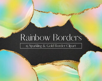 Rainbow Borders Clipart, Glitter PNG Frames, Gold Glitter Border Overlay, Pink Blue transparent PNG, Invitation Clip Art, Commercial Use