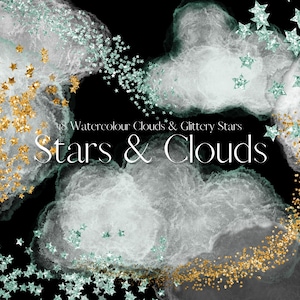 Aquarell Wolken und Glitzer Sterne Clipart, grün, schwarz, weiß transparente Aquarell Wolken, Gold Glitzer Sterne, kommerzielle Nutzung