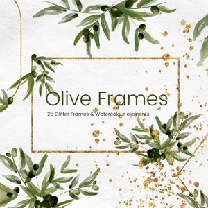 Watercolour Olive Branch and Gold Glitter Frame Clipart, Olive Leaves Clip Art, PNG Greenery Frames, Wedding Clipart, Commercial Use