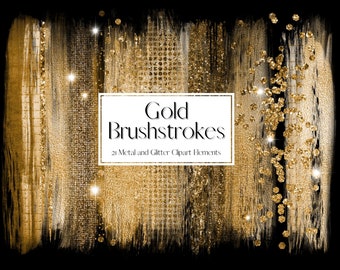 Sparkling Gold Glitter and Foil Brushstroke Clipart, Metallic Paint Clipart, PNG Metal Glitter Paint Brush stroke, Commercial Use