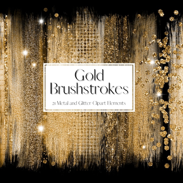 Sparkling Gold Glitter and Foil Brushstroke Clipart, Metallic Paint Clipart, PNG Metal Glitter Paint Brush stroke, Commercial Use