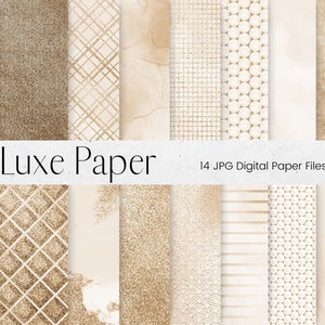 Peut inclure: Un ensemble de 14 papiers numériques avec différents motifs en or et blanc. Les motifs comprennent des formes géométriques, des points et des textures. Le texte "Luxe Paper" et "14 JPG Digital Paper Files" est affiché sur un fond blanc.