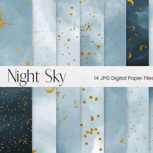 Watercolour and Gold Stars Digital Paper Pattern, Stars and Moon scrapbook Paper Pattern,  Blue Watercolour Starry Night Background Textures