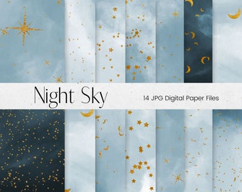 Modello di carta digitale acquerello e stelle dorate, modello di carta per album di stelle e luna, texture di sfondo notte stellata acquerello blu