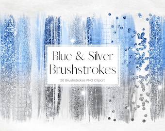 Sprankelende blauwe en zilveren glitter clipart, folie penseelstreek, metallic verf clipart, PNG metal glitter zilveren penseelstreek, commercieel gebruik
