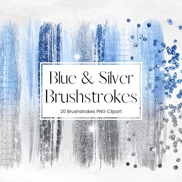Sparkling Blue and Silver Glitter Clipart, Foil Brushstroke, Metallic Paint Clipart, PNG Metal Glitter Silver Brush stroke, Commercial Use