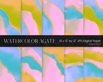 Watercolor Agate Digital Paper, Gold Glitter and Agate Pattern Background , Watercolour PNG Texture, Modern Geode Scrapbook Paper