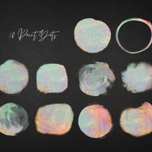 May include: Ten iridescent paint dots on a black background. The paint dots are in various shapes and sizes, including circles, ovals, and squares. Some of the dots have a glittery finish.