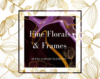 Gold Fine Line Flowers and Burgundy Watercolour Frames Clipart, Hand Drawn Gold Leaves, Plant Foliage, PNG Clip Art, Commercial Use