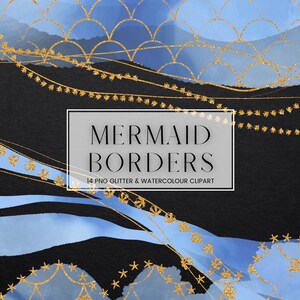 Sirena acuarela borde Clip Art, azul acuarela oro brillo marcos digitales, PNG transparente océano peces concha marcos clipart
