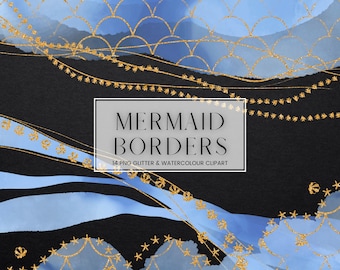 Mermaid Watercolour Border Clip Art, Blue Watercolor Gold Glitter Digital Frames, Transparent PNG Ocean Fish Shell Frames Clipart