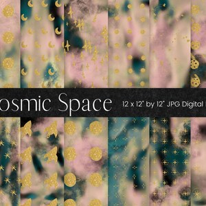 Cosmic Space Digital Paper Background, Gold Glitter Galaxy Texture, 12x12 Blue Pink Digital Scrapbook Paper, Commercial Use