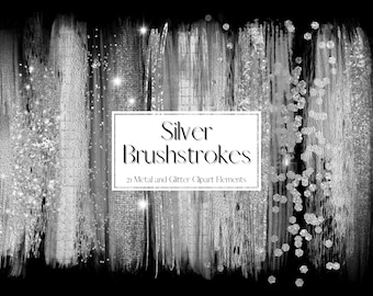Sparkling Silver Glitter and Foil Brushstroke Clipart, Metallic Paint Clipart, PNG Metal Glitter Paint Brush stroke, Commercial Use