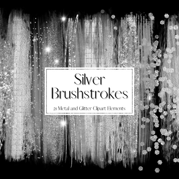 Sparkling Silver Glitter and Foil Brushstroke Clipart, Metallic Paint Clipart, PNG Metal Glitter Paint Brush stroke, Commercial Use