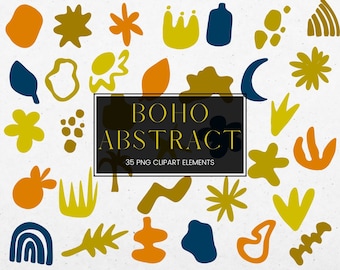 Abstract Boho Clipart, Bohemian Clipart Shapes, Modern Boho Collage, Digital Clip Art Abstract Shapes, Orange Blue Yellow PNG Boho Shapes