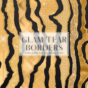 Gold Glam Tear Border Clip Art, Luxury Metallic and Gold Glitter Ripped Border Clipart, PNG Metal Paper Border and Frames