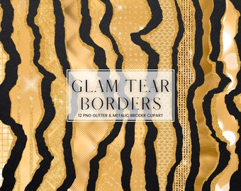 Gold Glam Tear Border Clip Art, imágenes prediseñadas de borde rasgado de brillo metálico y dorado de lujo, marcos y bordes de papel metálico PNG