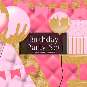 Pink and Gold Glitter Birthday Party Clip Art Set, Pink Balloon Clipart, Party Decorations, PNG Invitation Graphics, Celebrations Cake