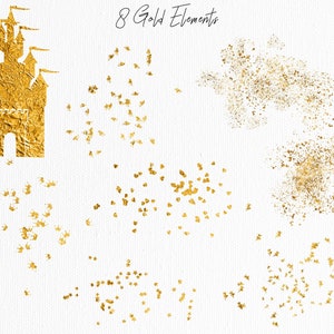 May include: Eight gold elements, including a castle, scattered stars, and bursts of glitter. These digital elements are perfect for adding a touch of sparkle to your designs.