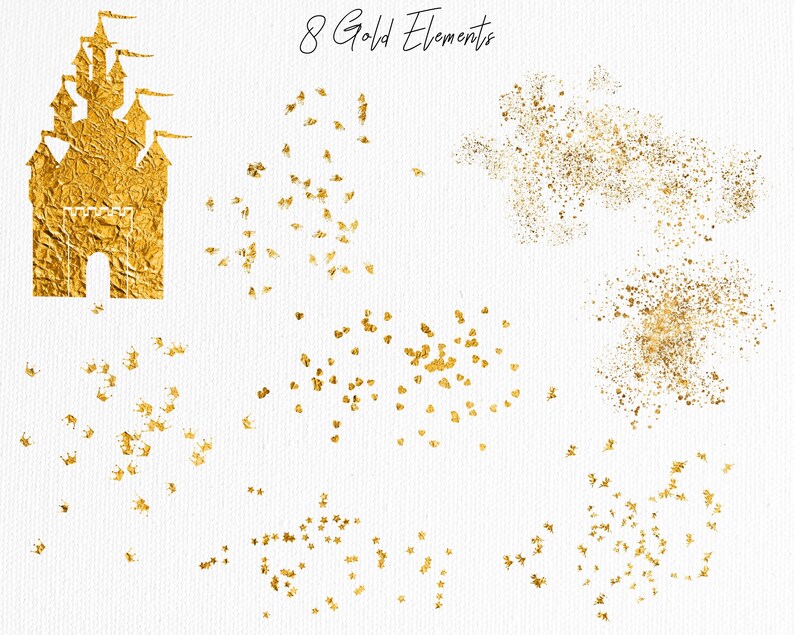 May include: Eight gold elements, including a castle, scattered stars, and bursts of glitter. These digital elements are perfect for adding a touch of sparkle to your designs.